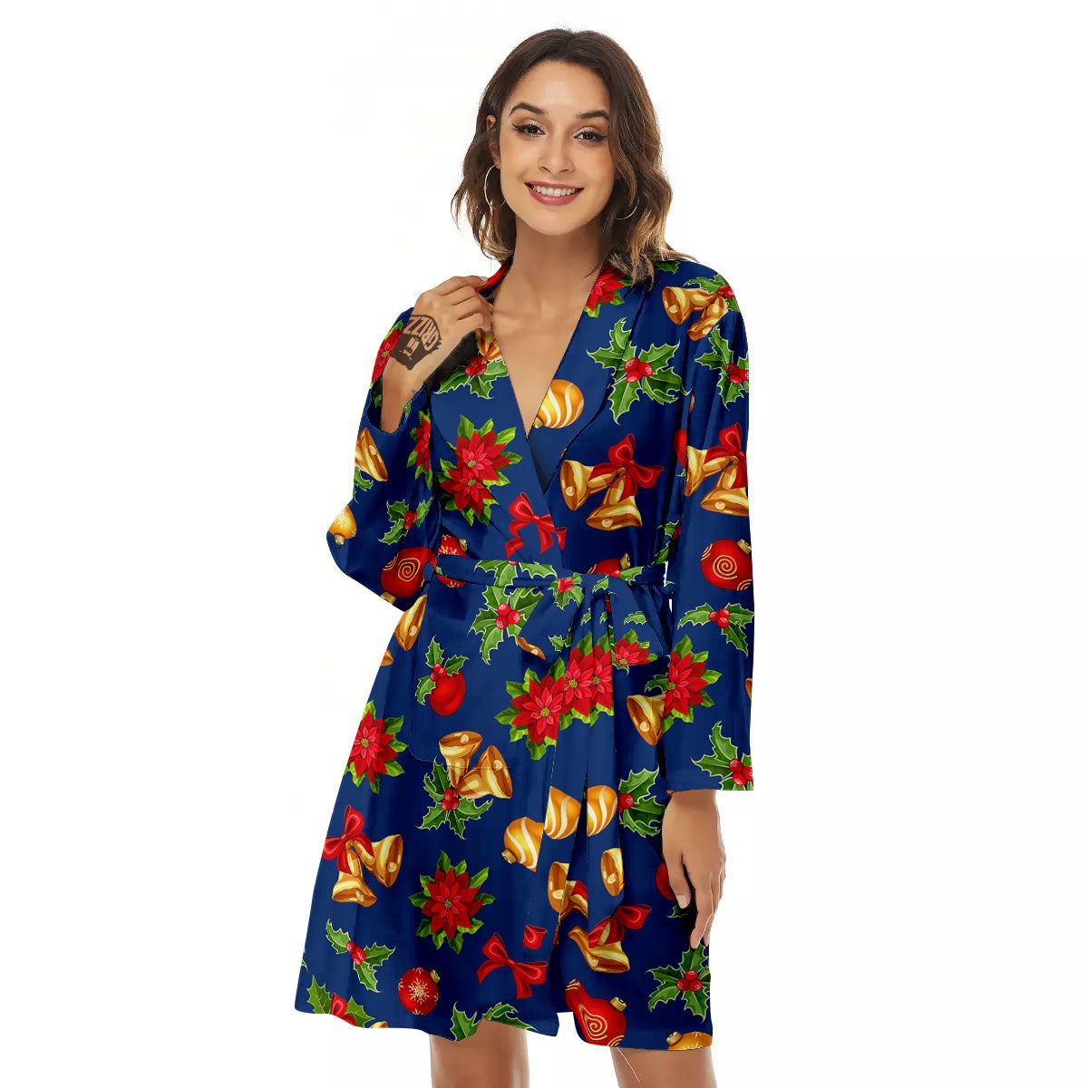Poinsettia Merry Christmas Print Pattern Women's Robe-grizzshop