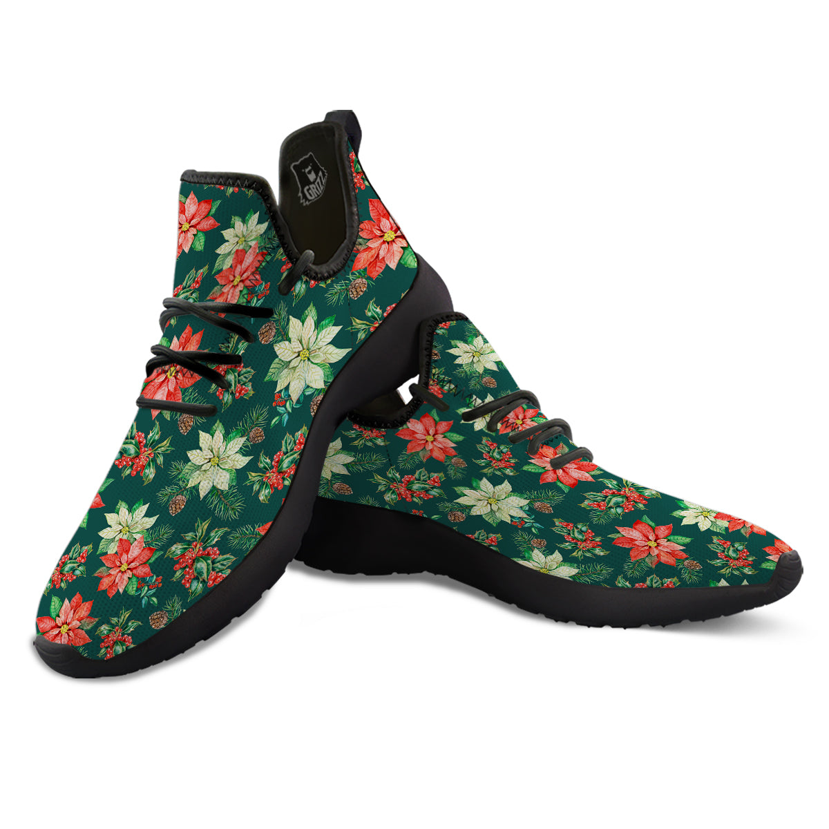 Poinsettia Watercolor Print Pattern Black Athletic Shoes-grizzshop