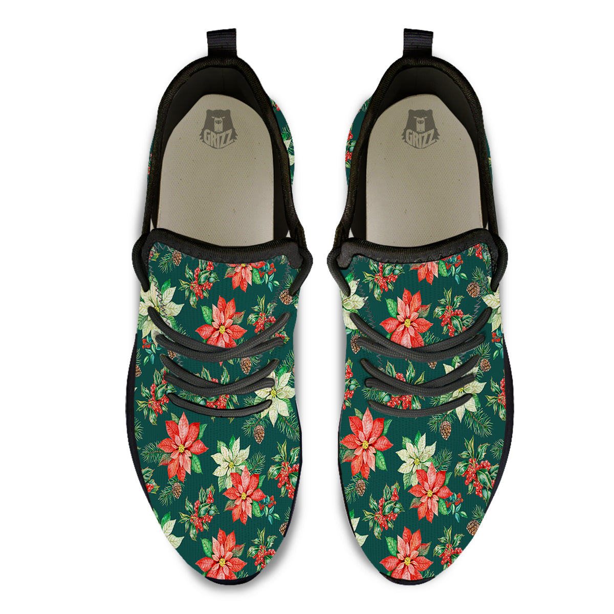 Poinsettia Watercolor Print Pattern Black Athletic Shoes-grizzshop