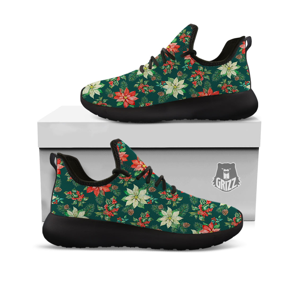 Poinsettia Watercolor Print Pattern Black Athletic Shoes-grizzshop