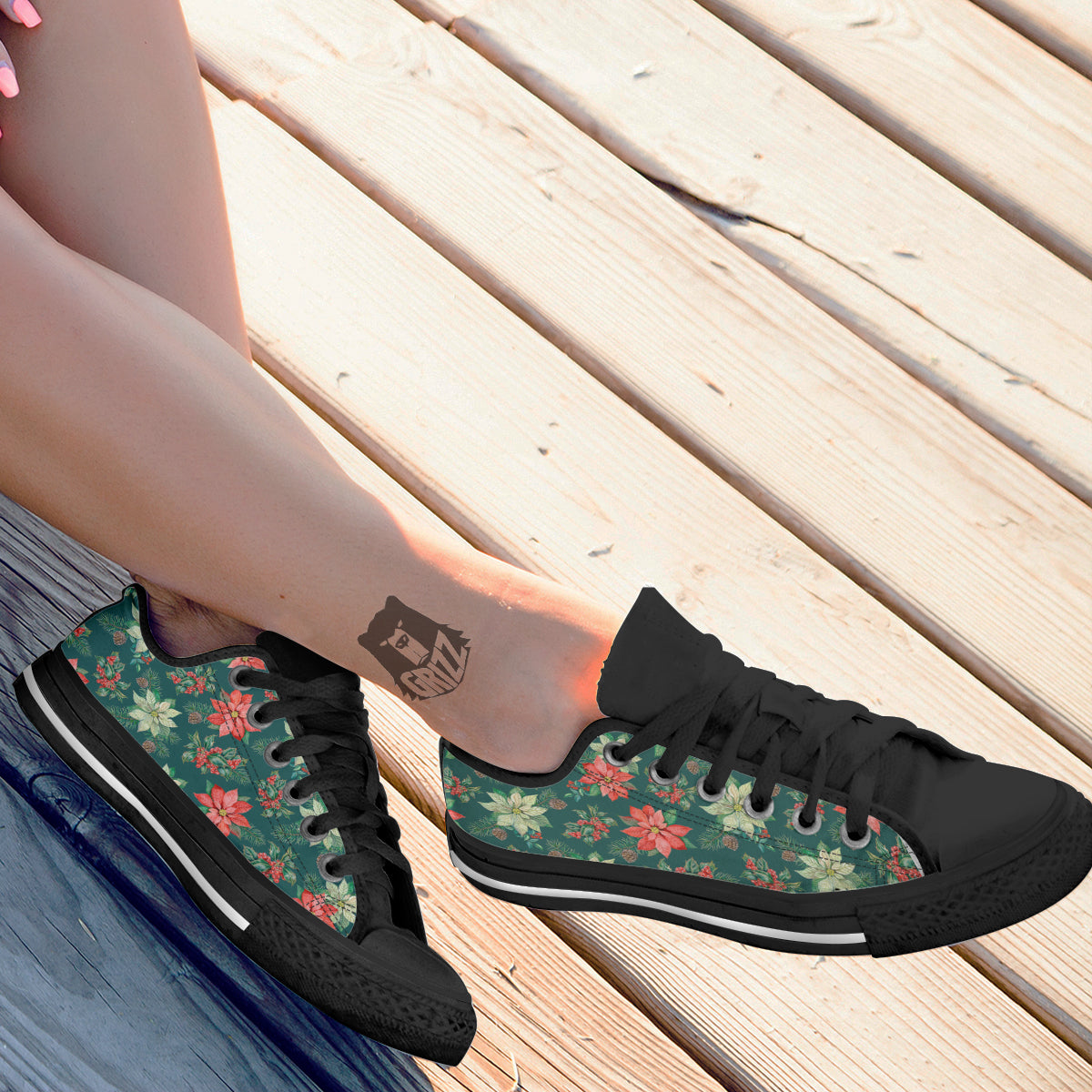 Poinsettia Watercolor Print Pattern Black Low Top Shoes-grizzshop