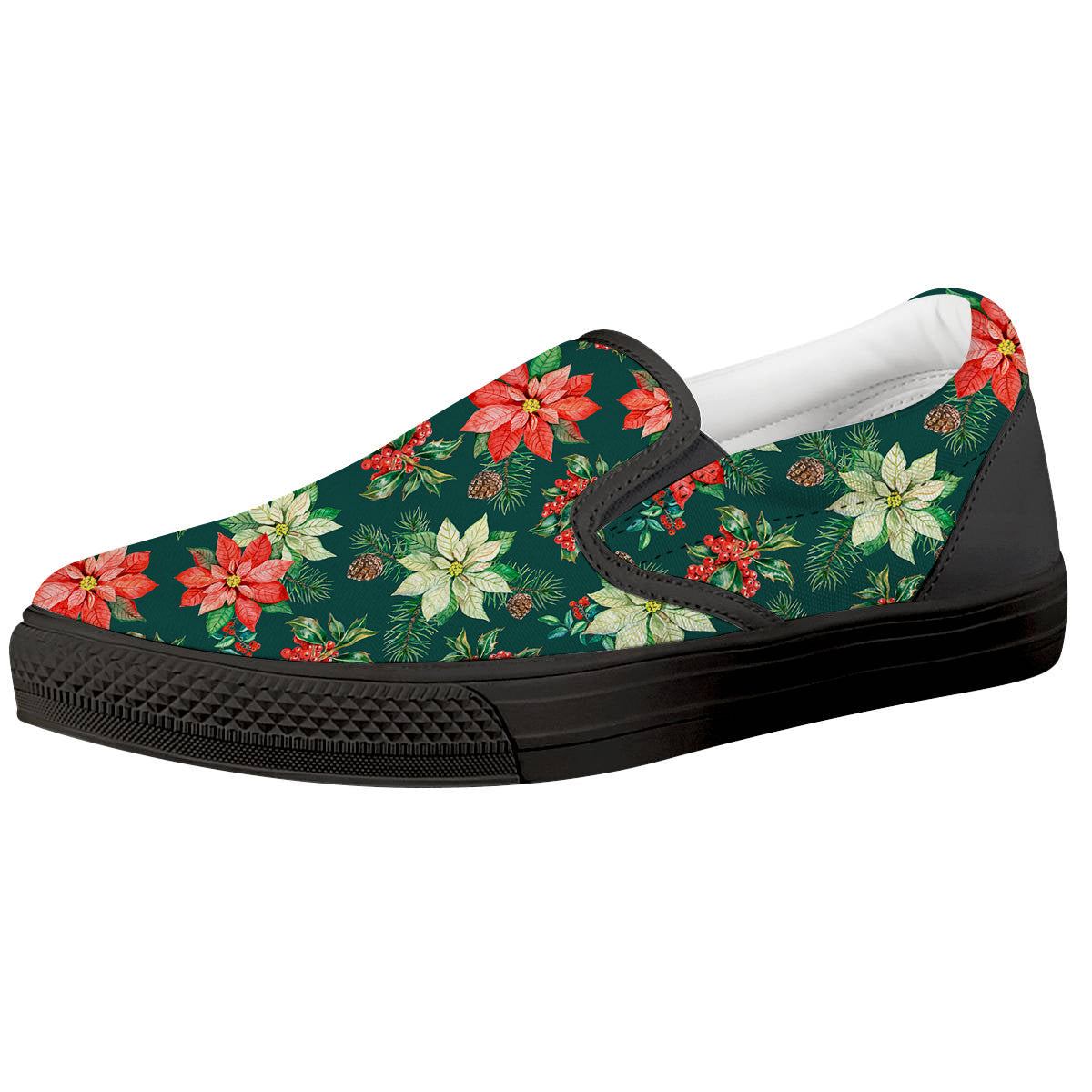Poinsettia Watercolor Print Pattern Black Slip On Shoes-grizzshop