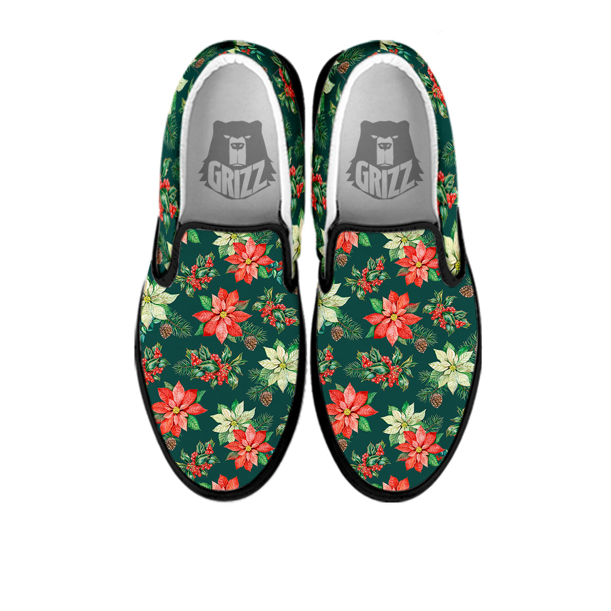 Poinsettia Watercolor Print Pattern Black Slip On Shoes-grizzshop