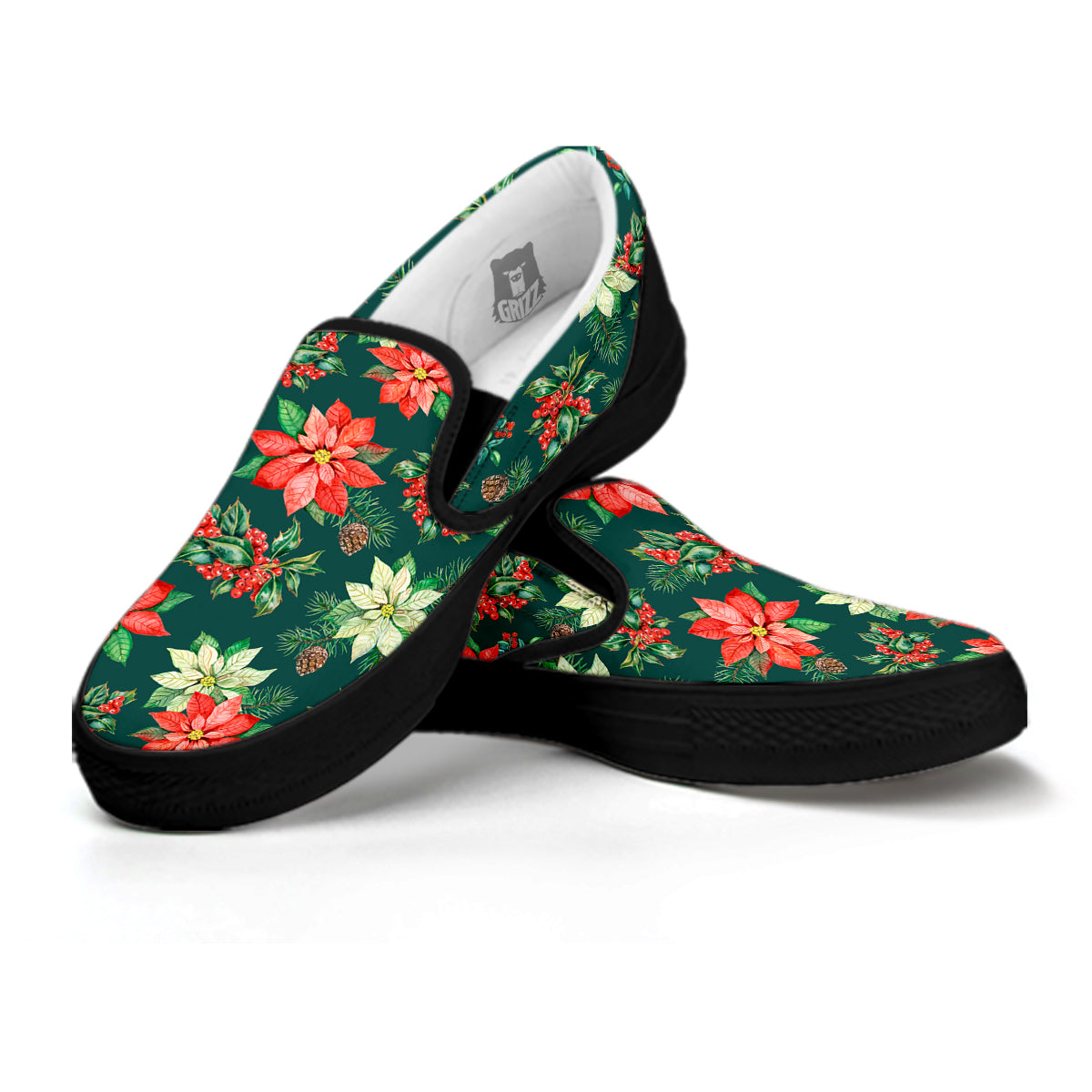 Poinsettia Watercolor Print Pattern Black Slip On Shoes-grizzshop