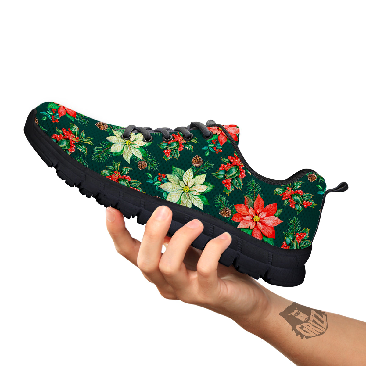 Poinsettia Watercolor Print Pattern Black Sneaker-grizzshop