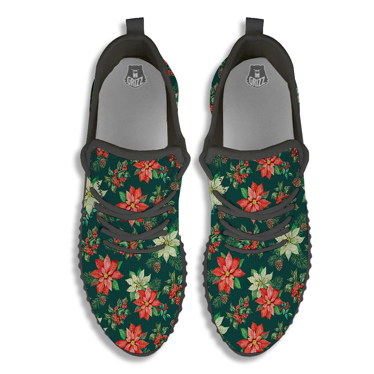Poinsettia Watercolor Print Pattern Black Walking Shoes-grizzshop