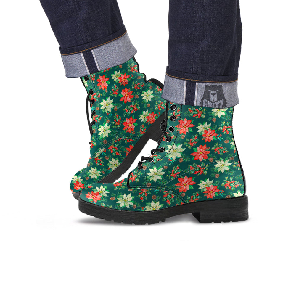 Poinsettia Watercolor Print Pattern Leather Boots-grizzshop