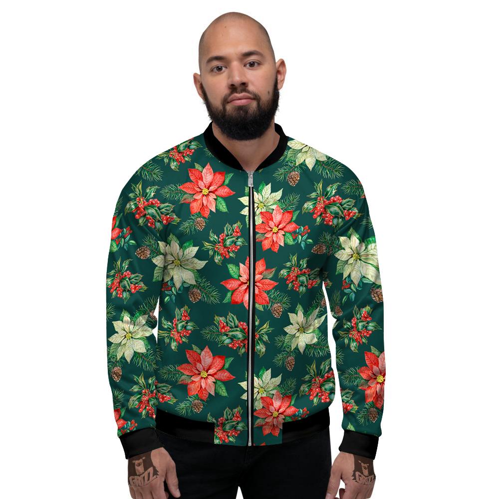 Poinsettia Watercolor Print Pattern Men's Bomber Jacket-grizzshop