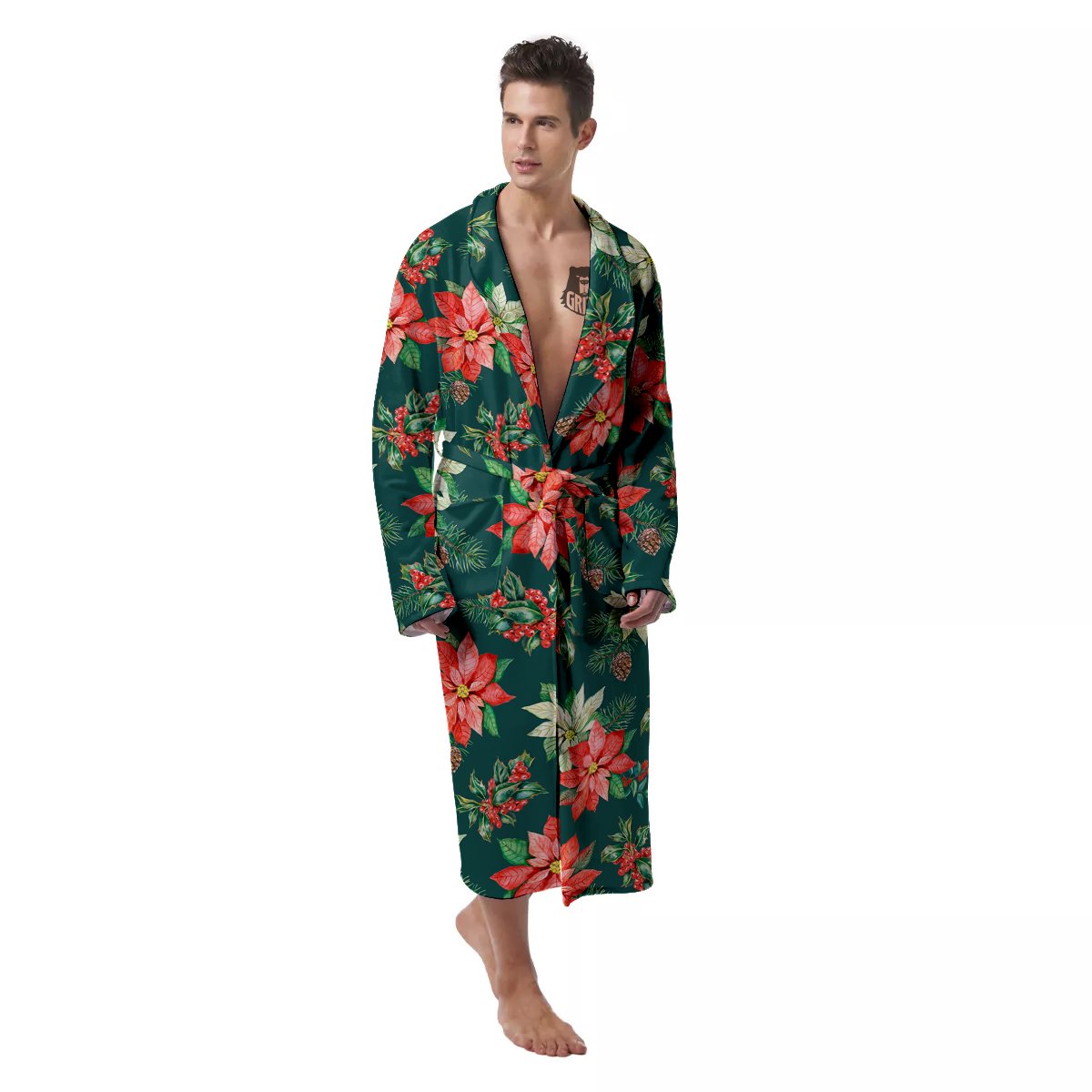 Poinsettia Watercolor Print Pattern Men's Robe-grizzshop