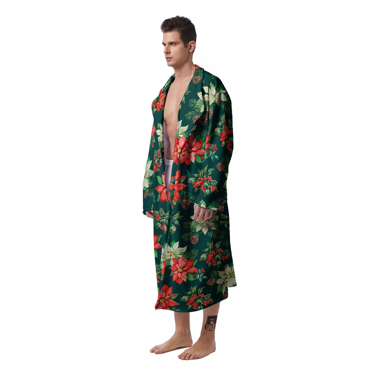 Poinsettia Watercolor Print Pattern Men's Robe-grizzshop