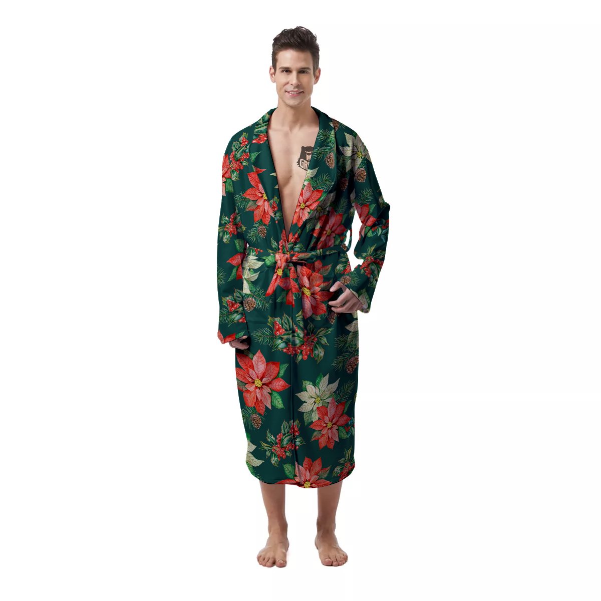 Poinsettia Watercolor Print Pattern Men's Robe-grizzshop