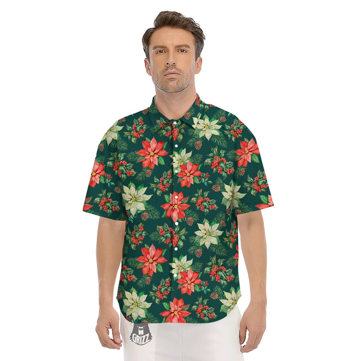 Poinsettia Watercolor Print Pattern Men's Short Sleeve Shirts-grizzshop
