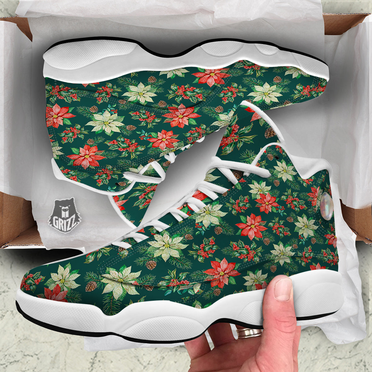 Poinsettia Watercolor Print Pattern White Basketball Shoes-grizzshop