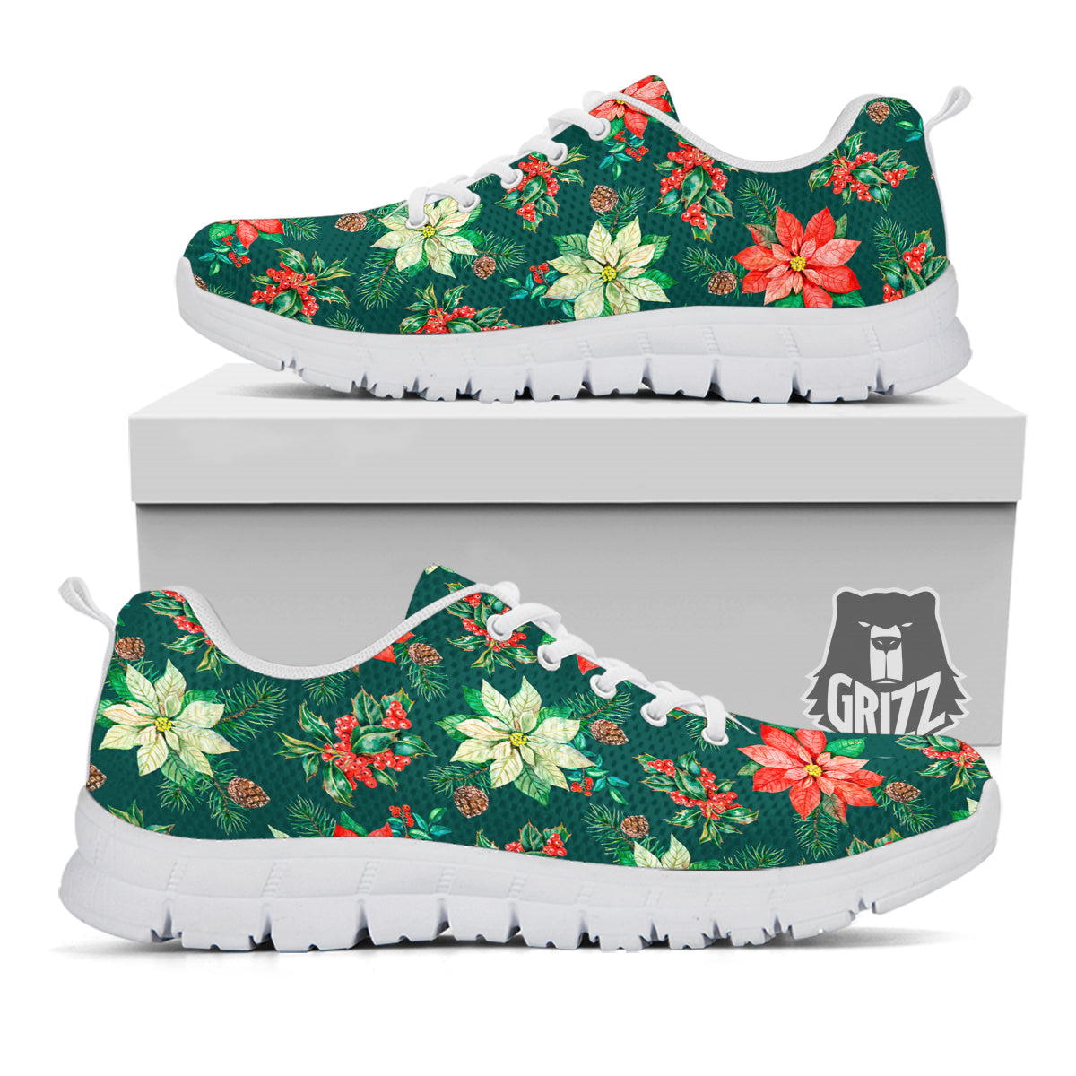 Poinsettia Watercolor Print Pattern White Sneaker-grizzshop