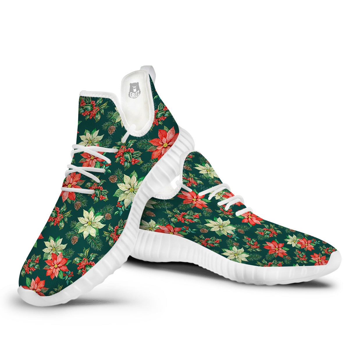 Poinsettia Watercolor Print Pattern White Walking Shoes-grizzshop