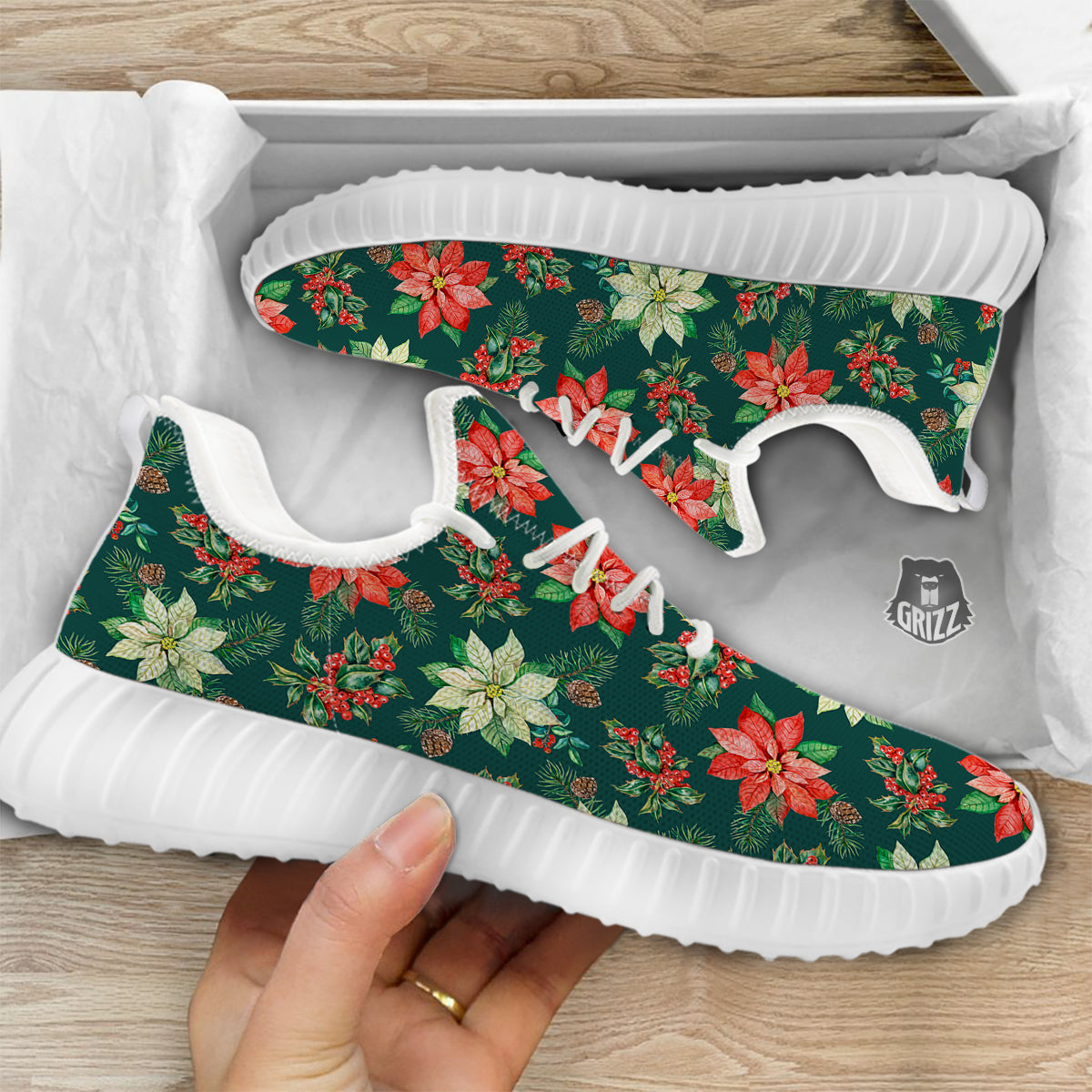 Poinsettia Watercolor Print Pattern White Walking Shoes-grizzshop