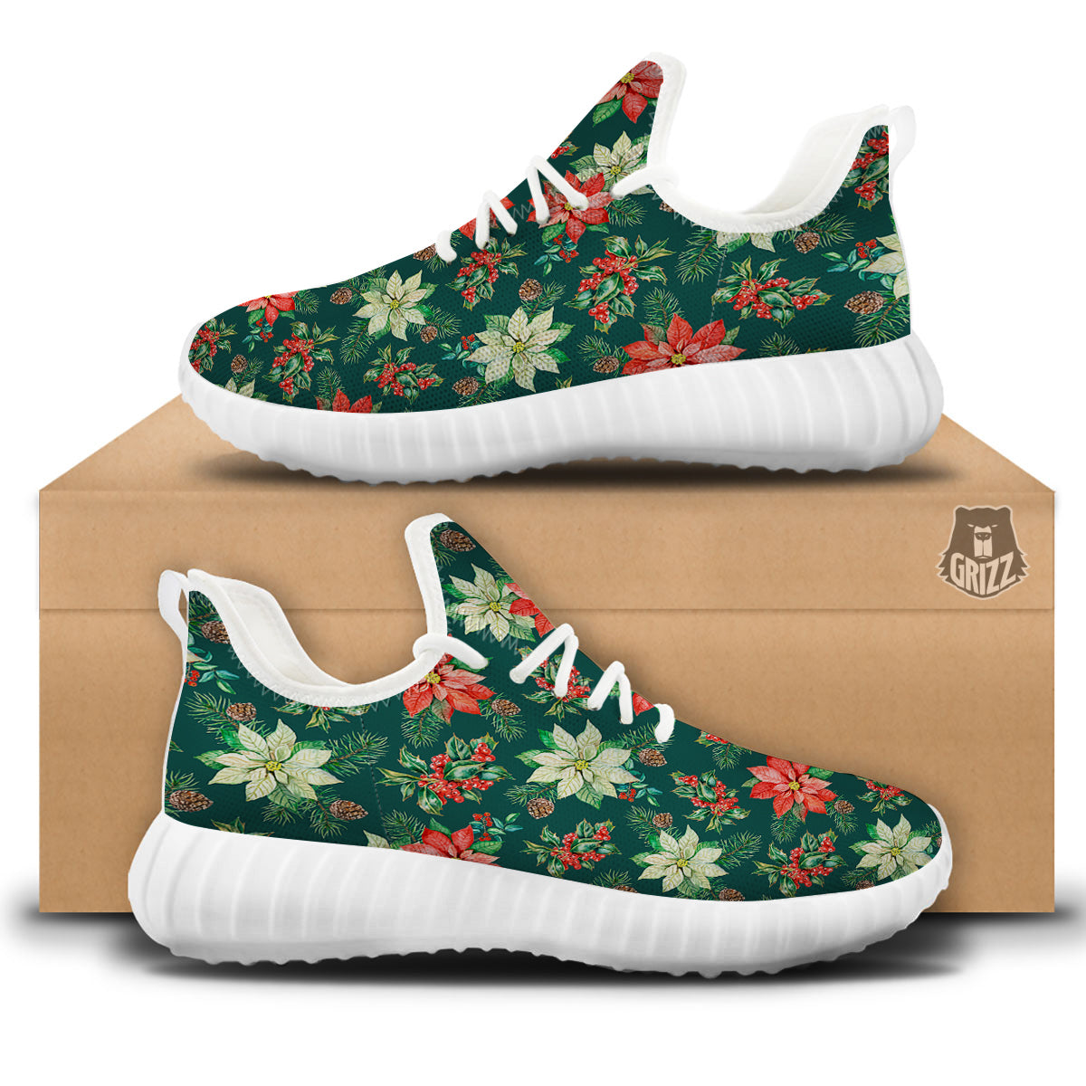 Poinsettia Watercolor Print Pattern White Walking Shoes-grizzshop