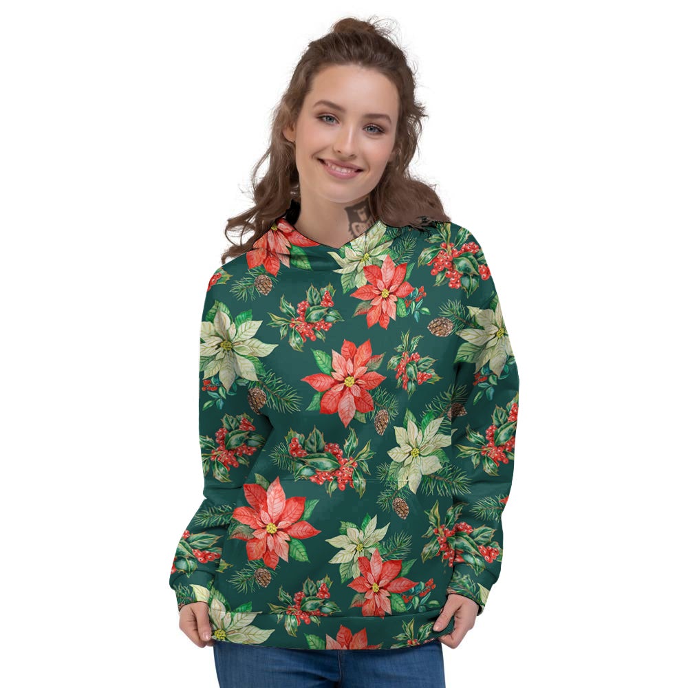 Poinsettia Watercolor Print Pattern Women's Hoodie-grizzshop