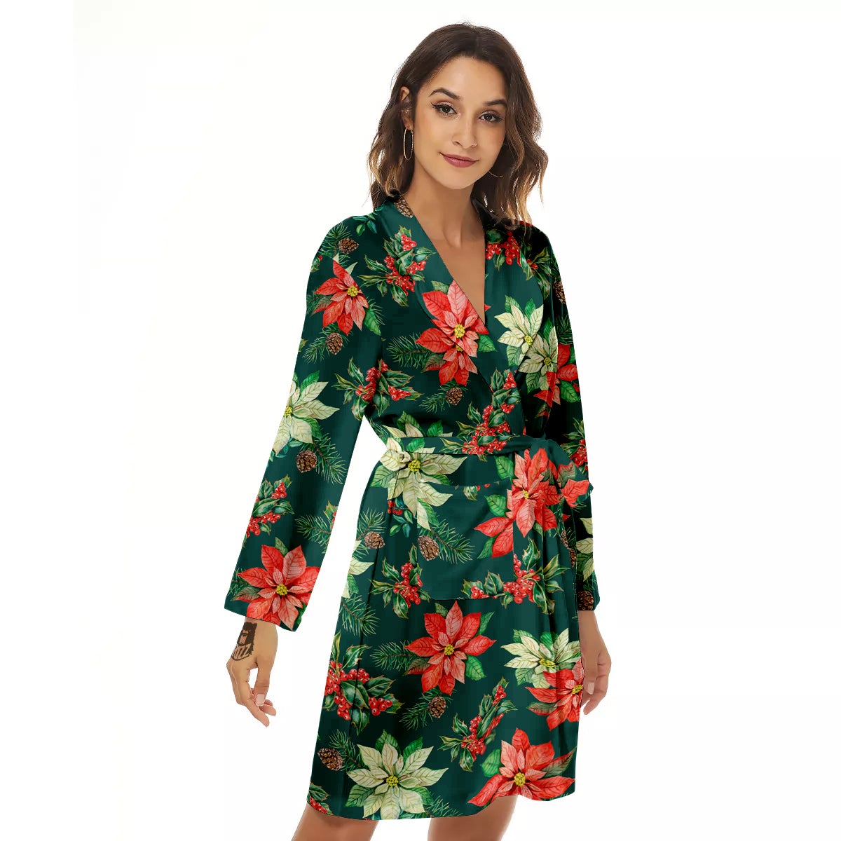 Poinsettia Watercolor Print Pattern Women's Robe-grizzshop
