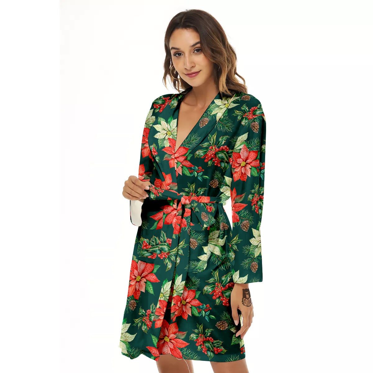Poinsettia Watercolor Print Pattern Women's Robe-grizzshop