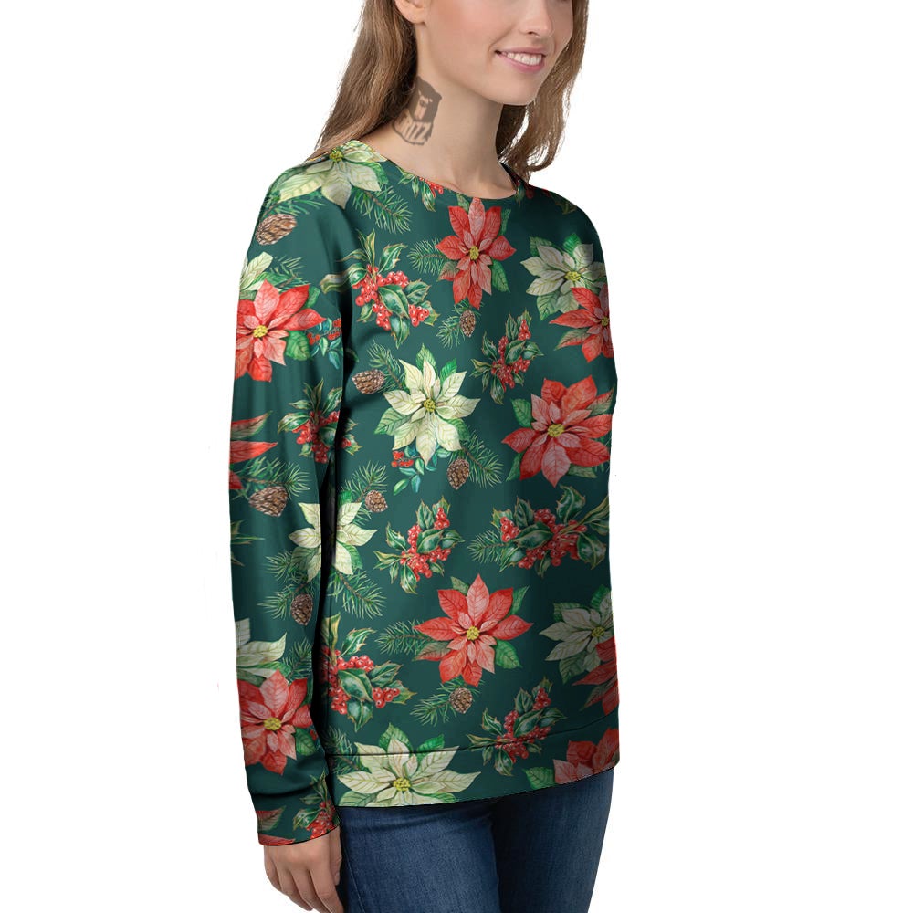 Poinsettia Watercolor Print Pattern Women's Sweatshirt-grizzshop