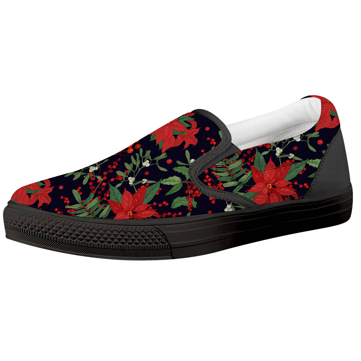 Poinsettia Xmas Print Pattern Black Slip On Shoes-grizzshop