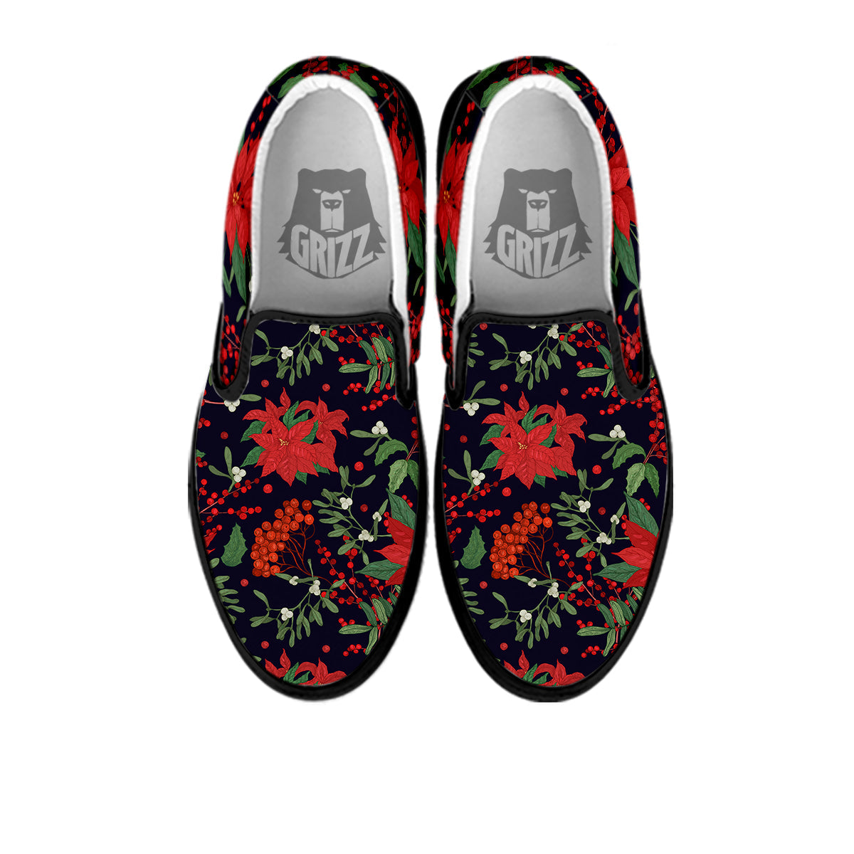 Poinsettia Xmas Print Pattern Black Slip On Shoes-grizzshop