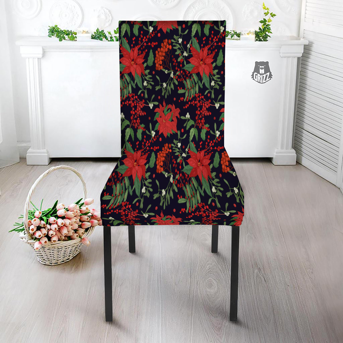 Poinsettia Xmas Print Pattern Dining Chair Slipcover-grizzshop