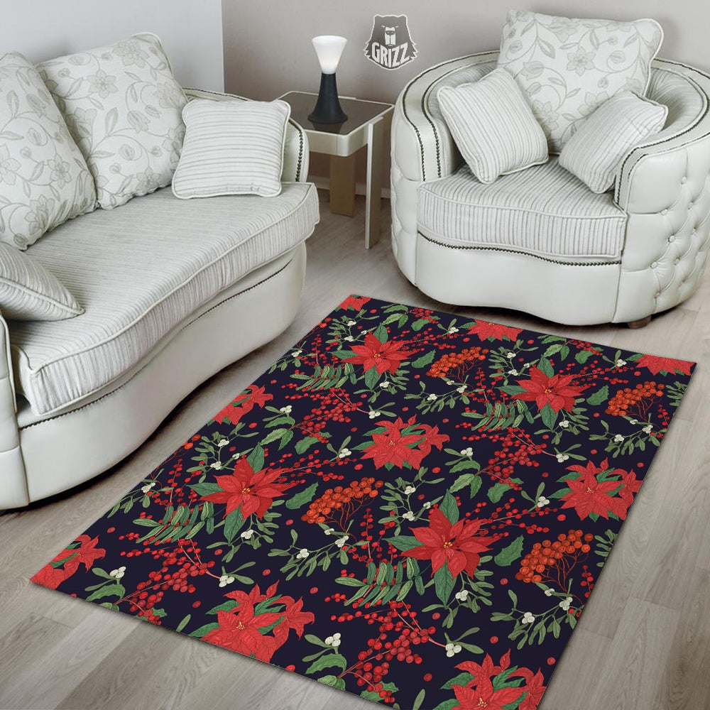Poinsettia Xmas Print Pattern Floor Mat-grizzshop