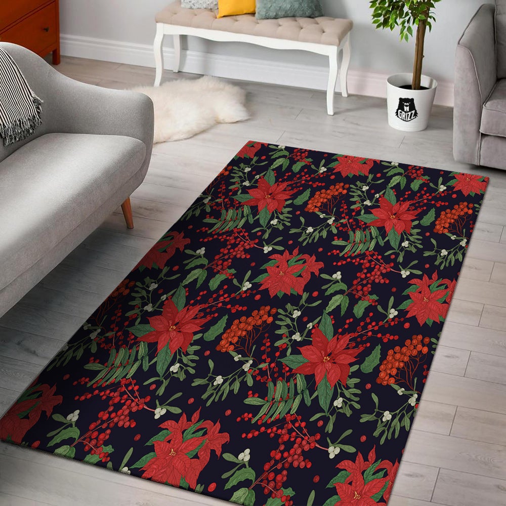 Poinsettia Xmas Print Pattern Floor Mat-grizzshop