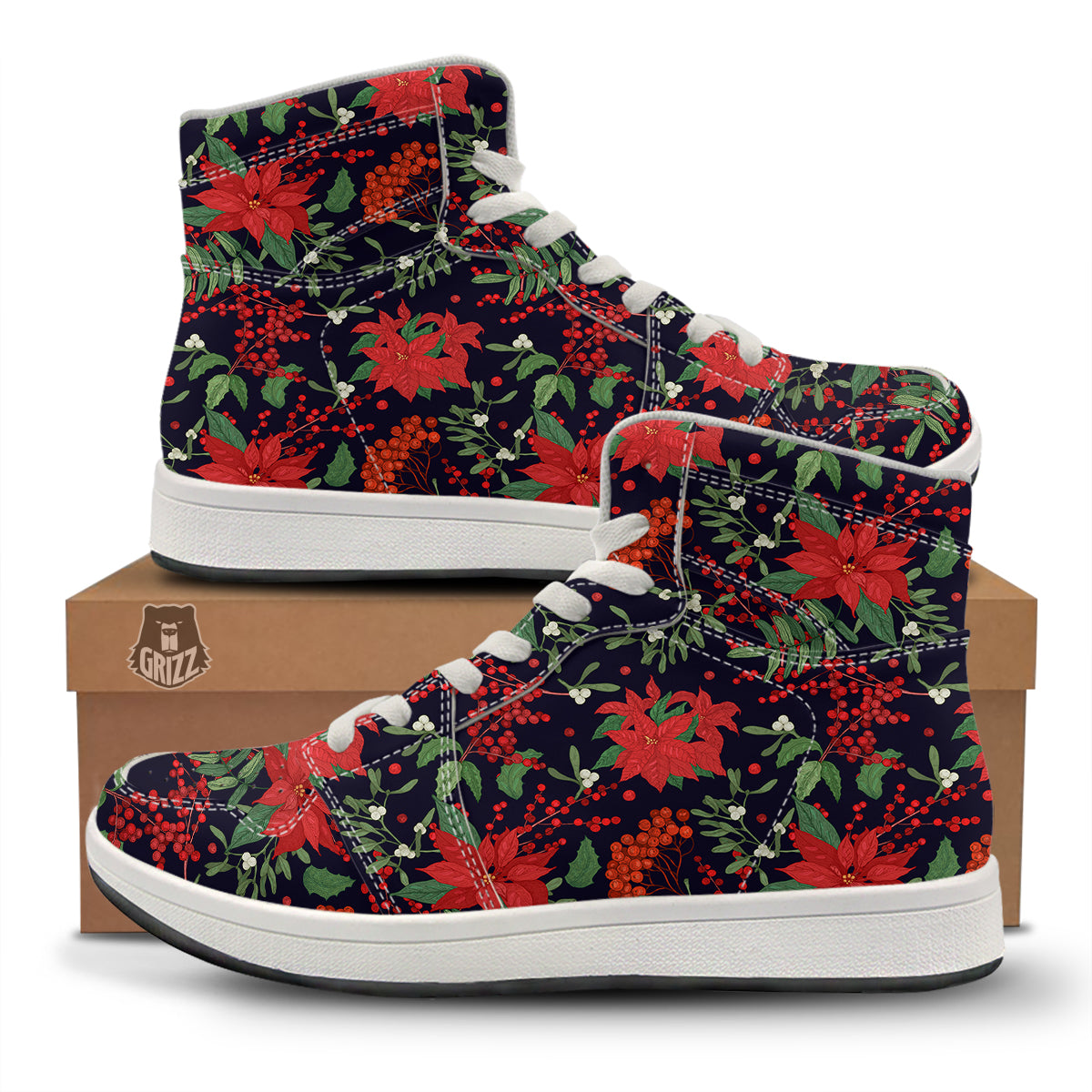 Poinsettia Xmas Print Pattern High Top Sneakers-grizzshop