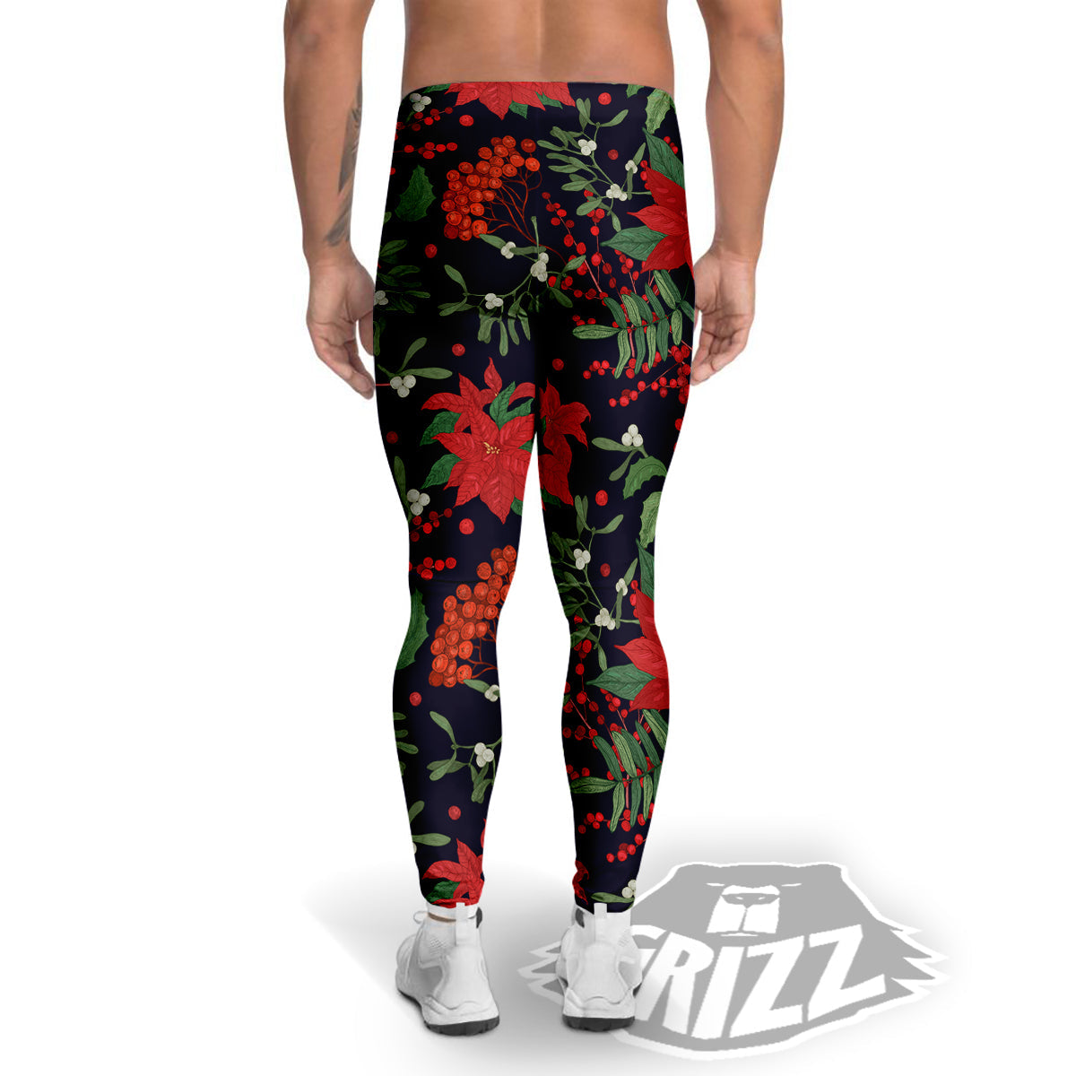 Poinsettia Xmas Print Pattern Men's Leggings-grizzshop