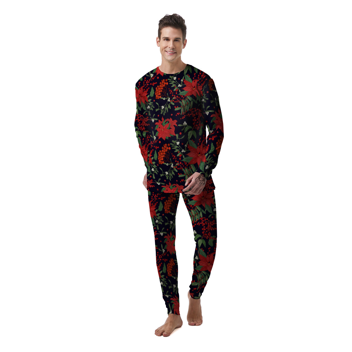 Poinsettia Xmas Print Pattern Men's Pajamas-grizzshop