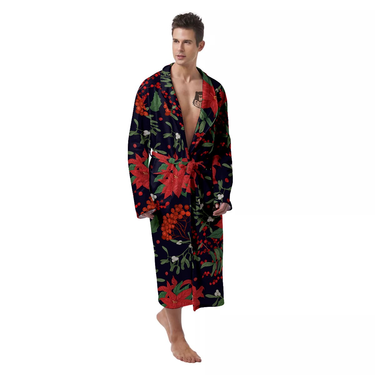 Poinsettia Xmas Print Pattern Men's Robe-grizzshop