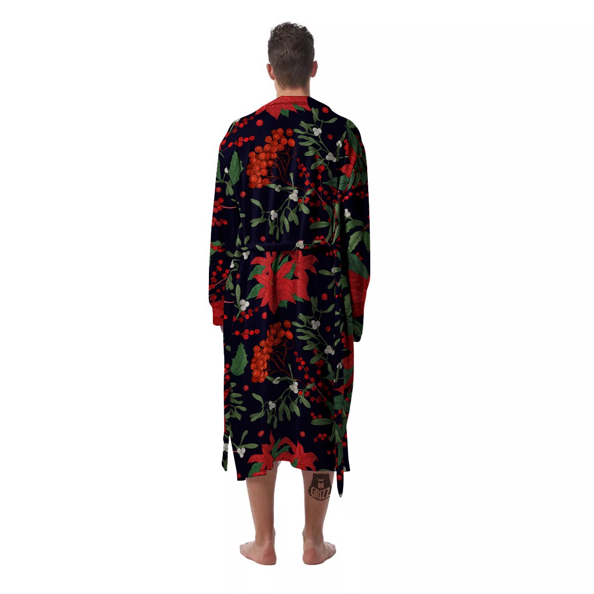 Poinsettia Xmas Print Pattern Men's Robe-grizzshop