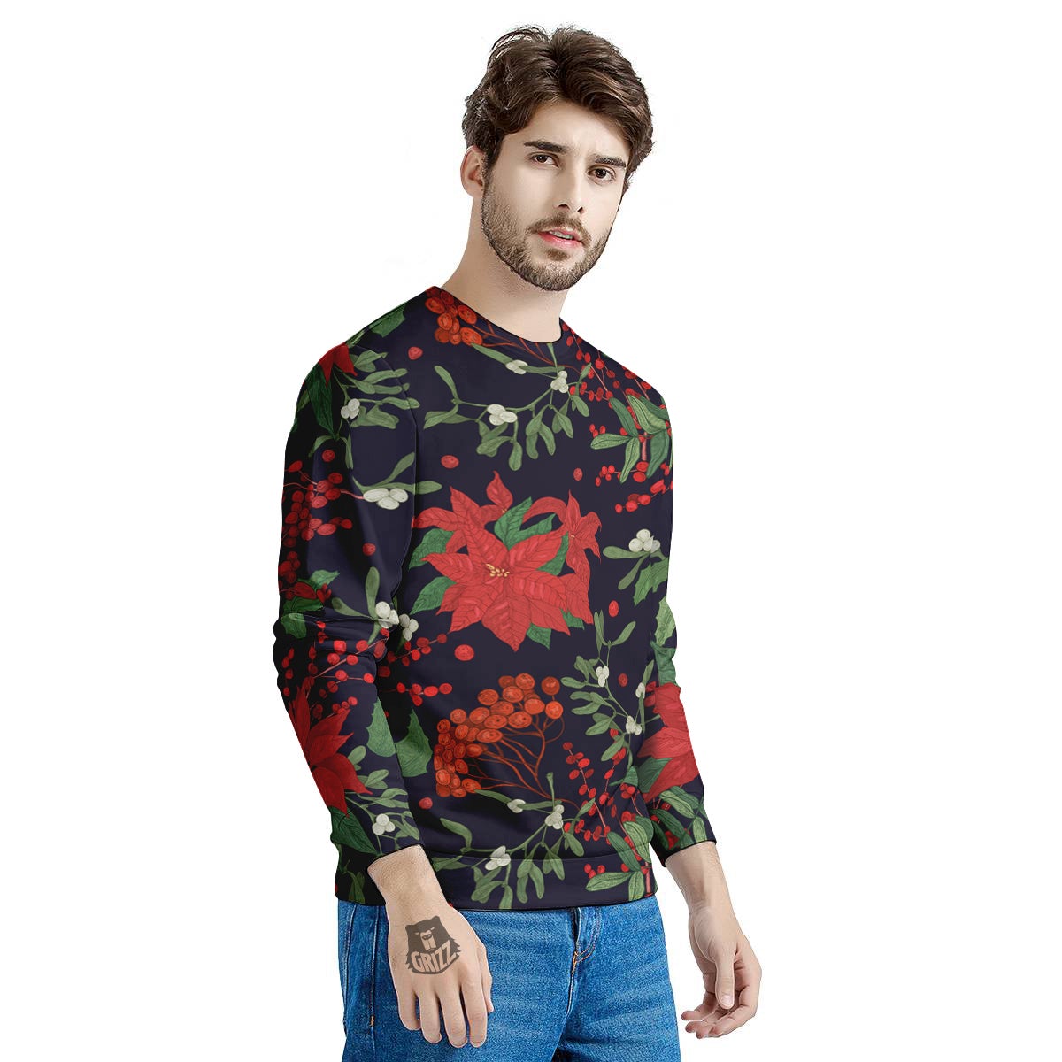 Poinsettia Xmas Print Pattern Men's Sweatshirt-grizzshop