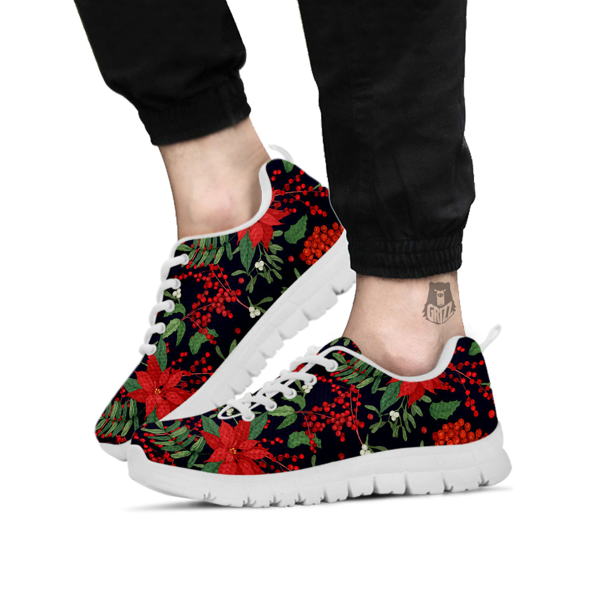 Poinsettia Xmas Print Pattern White Sneaker-grizzshop