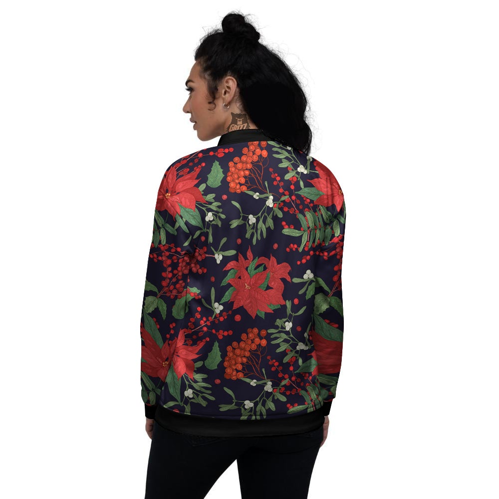 Poinsettia Xmas Print Pattern Women's Bomber Jacket-grizzshop