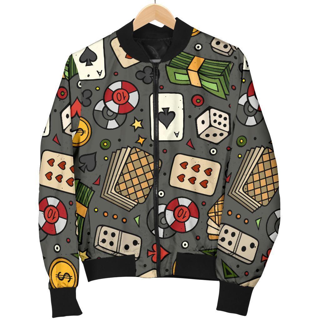 Poker Casino Pattern Print Women Casual Bomber Jacket-grizzshop