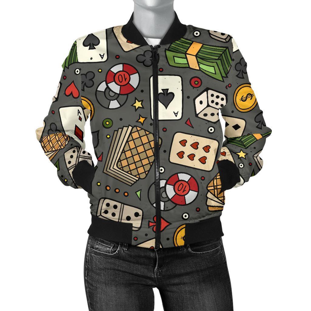 Poker Casino Pattern Print Women Casual Bomber Jacket-grizzshop