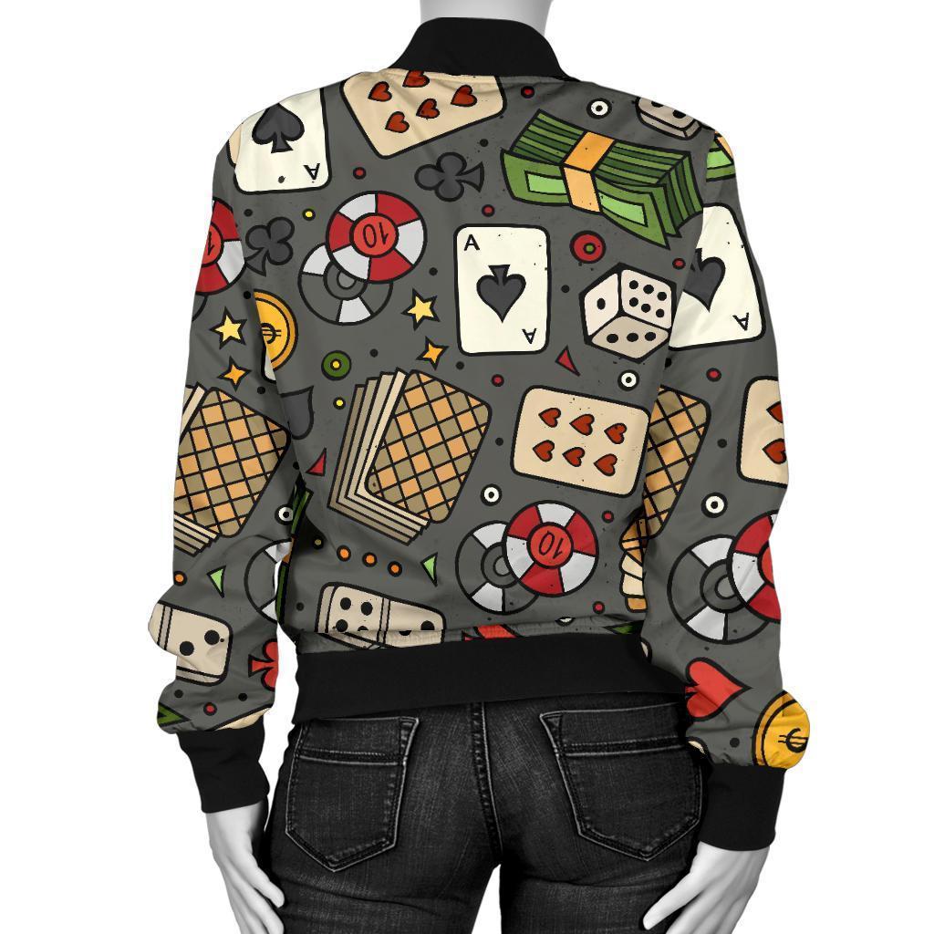 Poker Casino Pattern Print Women Casual Bomber Jacket-grizzshop