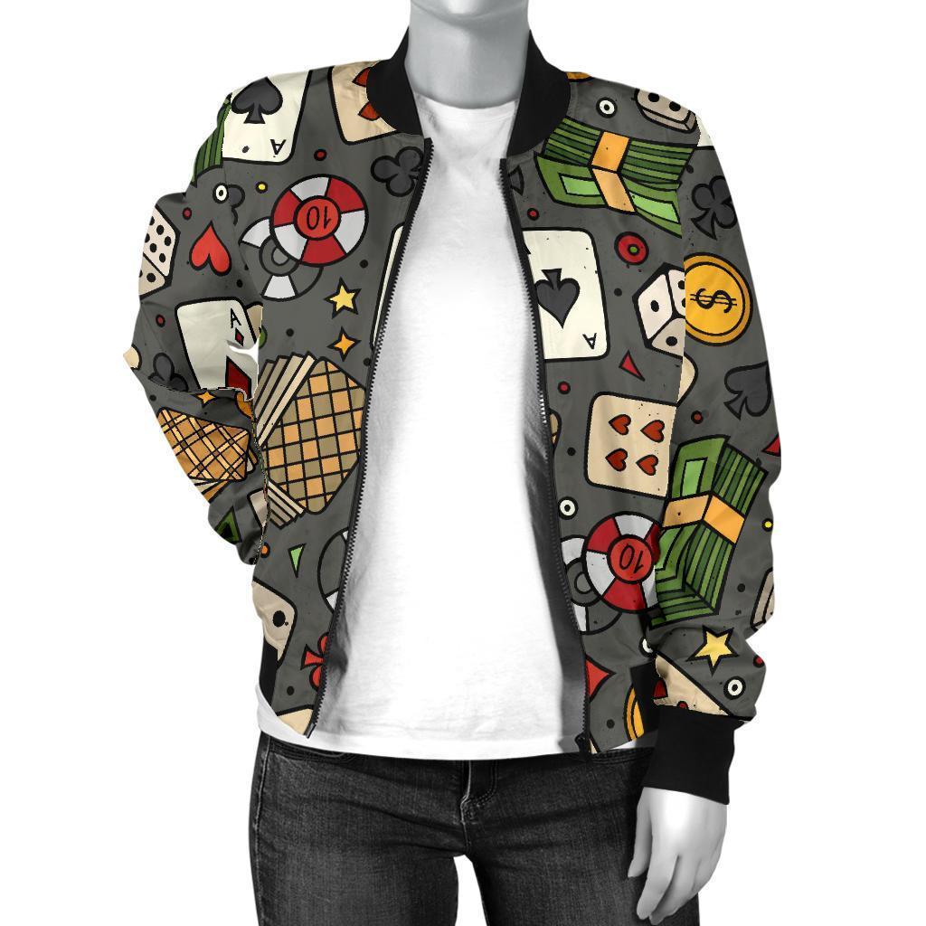 Poker Casino Pattern Print Women Casual Bomber Jacket-grizzshop
