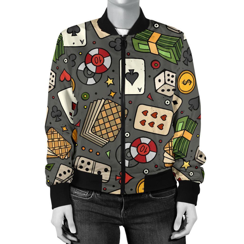 Poker Casino Pattern Print Women Casual Bomber Jacket-grizzshop