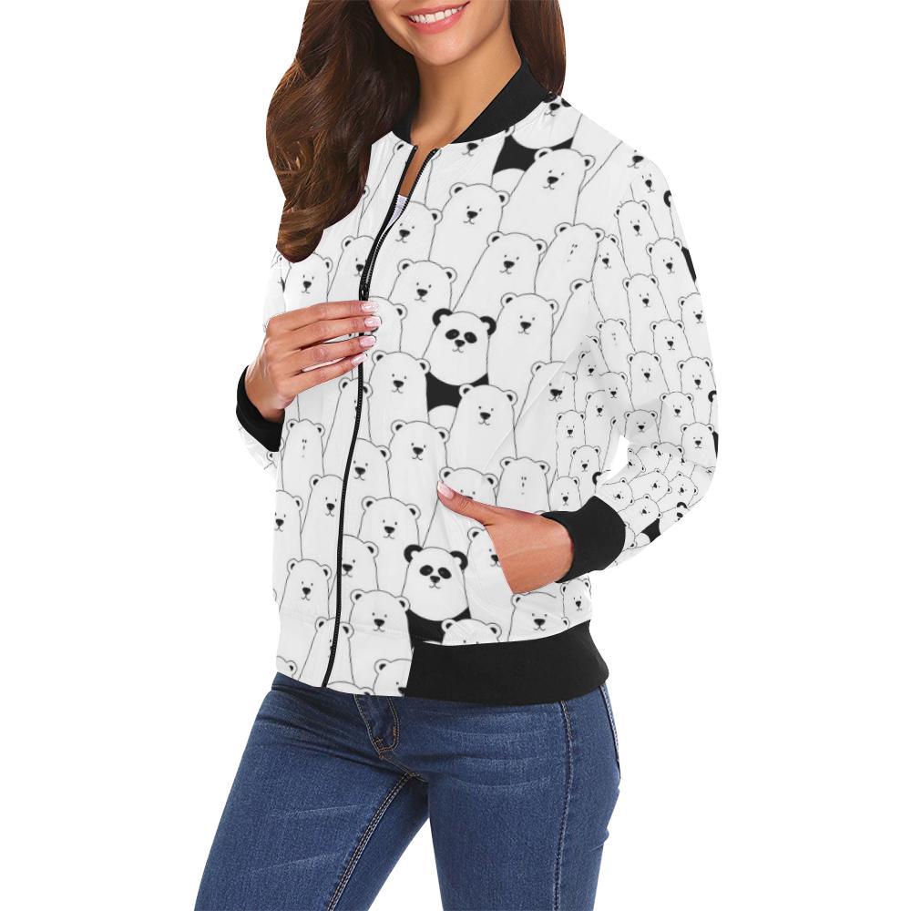 Polar Bear Panda Pattern Print Women Casual Bomber Jacket-grizzshop