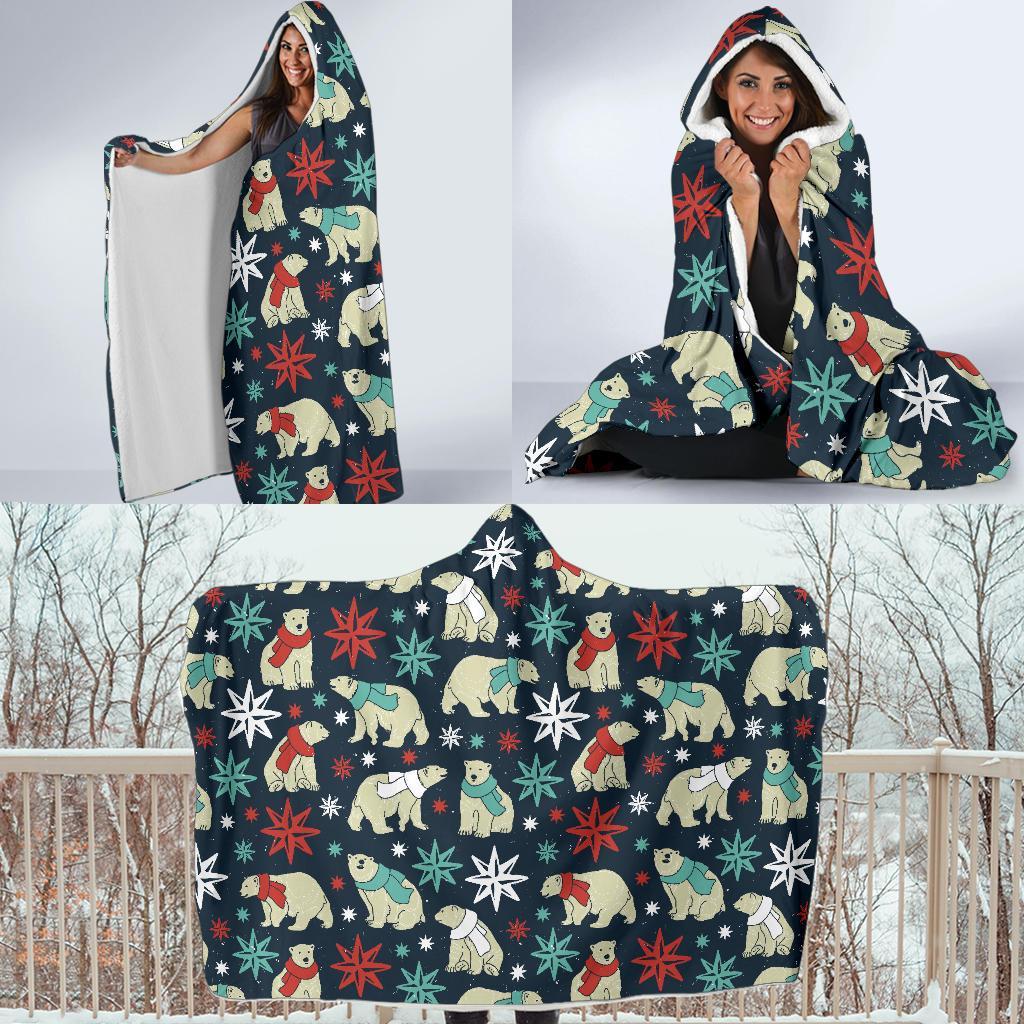 Polar Bear Snow Christmas Pattern Print Hooded Blanket-grizzshop