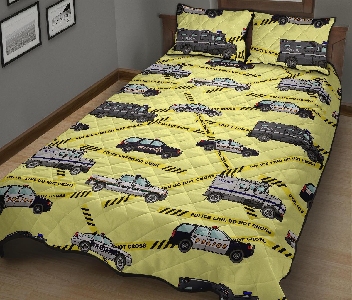 Police Car Pattern Print Bed Set Quilt-grizzshop
