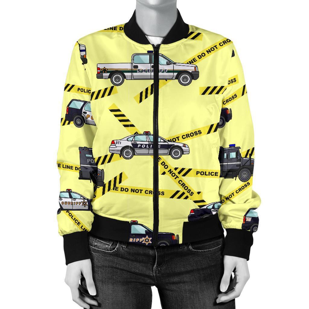 Police Car Pattern Print Women Casual Bomber Jacket-grizzshop