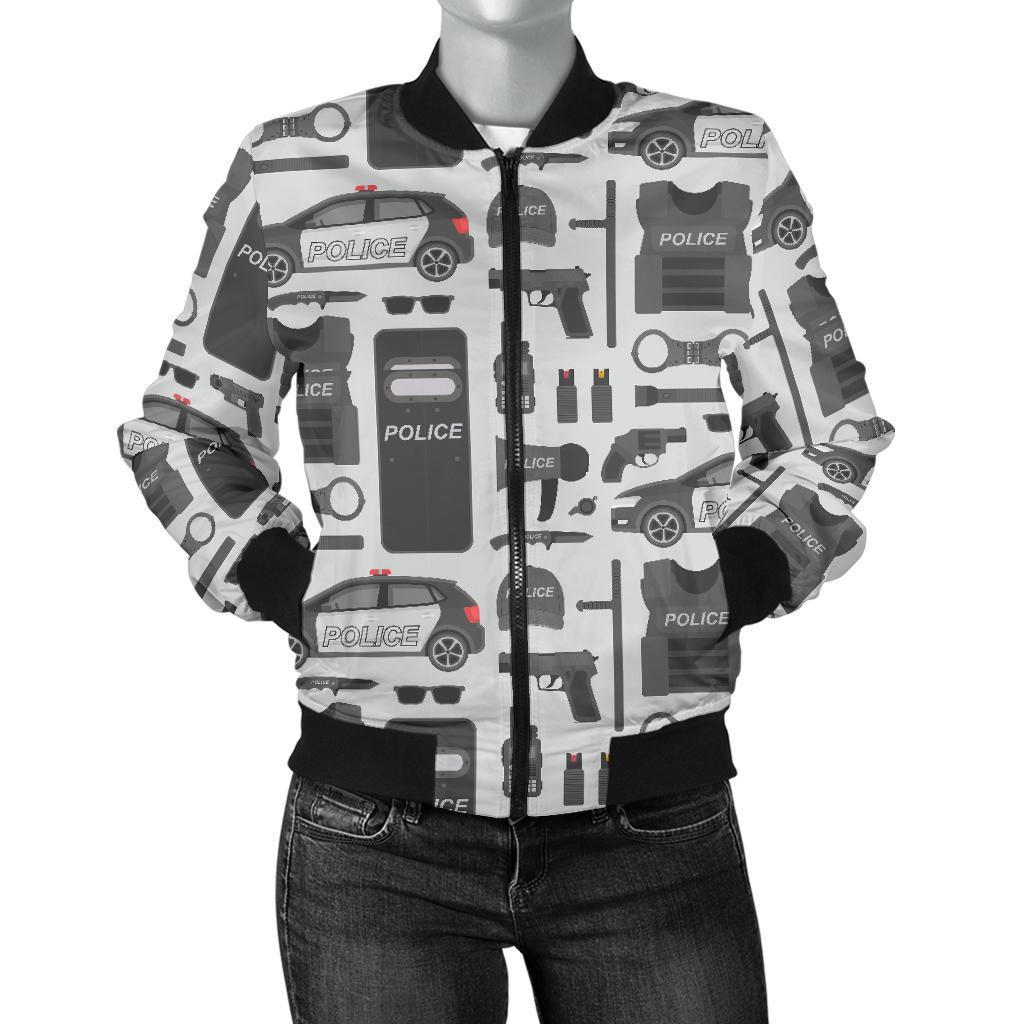 Police Print Pattern Women Casual Bomber Jacket-grizzshop