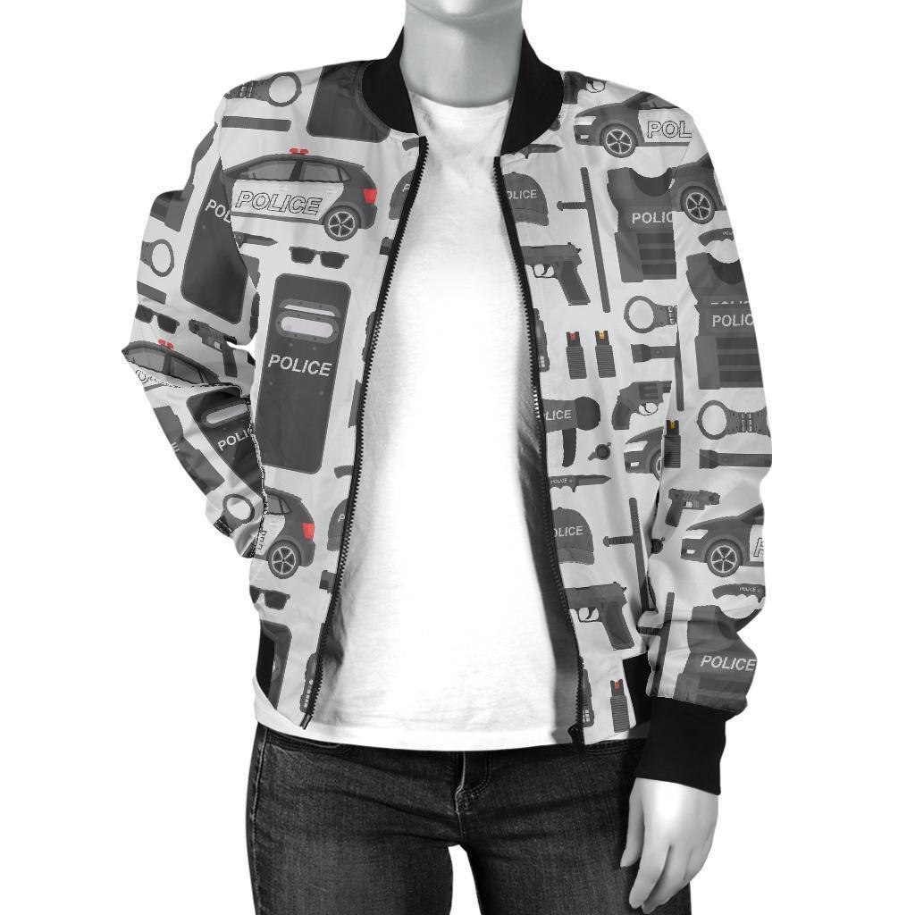 Police Print Pattern Women Casual Bomber Jacket-grizzshop