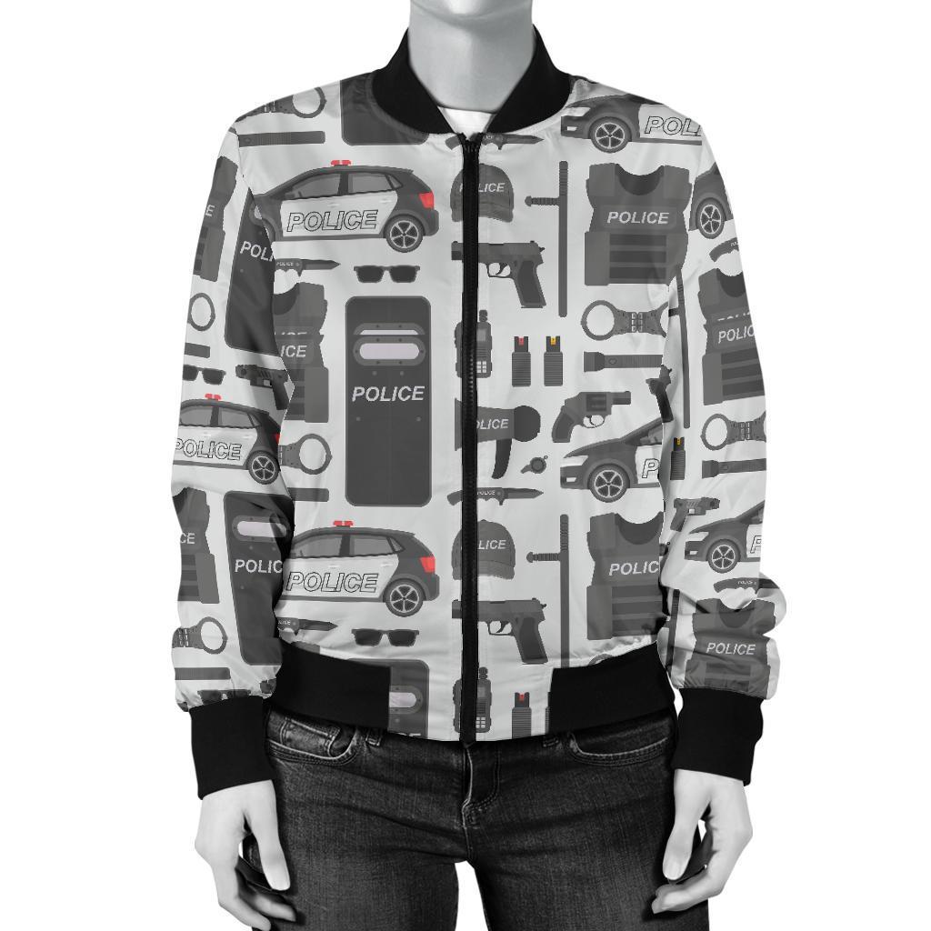 Police Print Pattern Women Casual Bomber Jacket-grizzshop